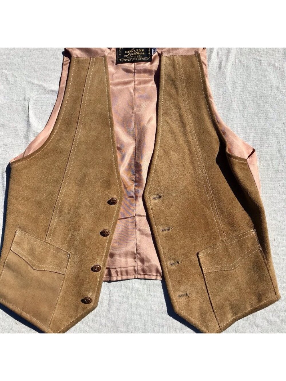 Vtg 80s USA Mens Genuine Leather Suede Front Button Vest M Boho Western Retro